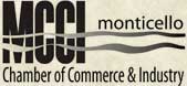 Monticello Chamber of Commerce & Industry logo with wavy gray lines through MCCI.