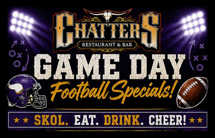 Game day sign with helmet, football, Skol. Restaurant specials Monticello MN. Eat. Drink. Cheer!.