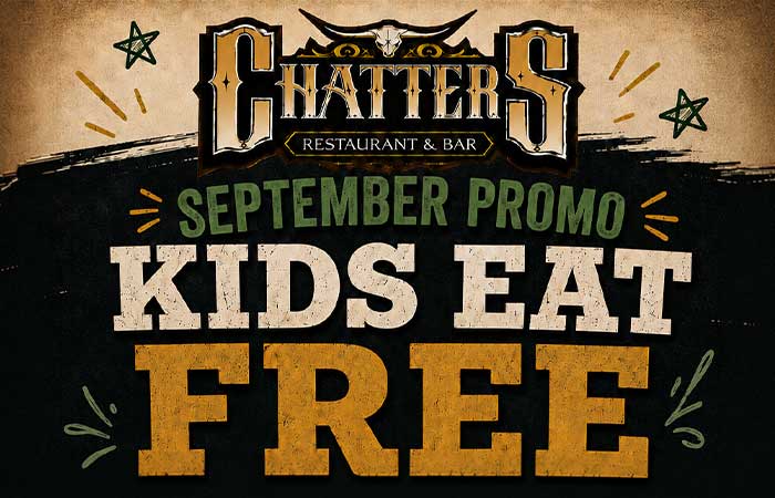 Chatters Restaurant & Bar sign: September promo, restaurant specials Monticello MN, kids eat free.