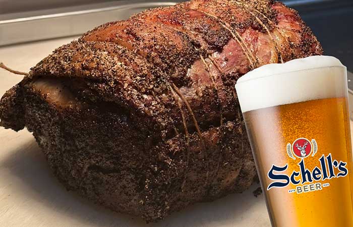 Seasoned roast beef with a glass of frothy Schells Beer—restaurant specials Monticello MN.