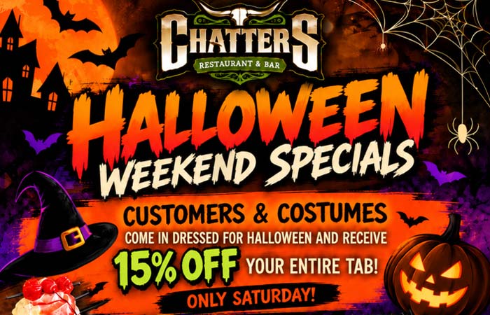 Chatters restaurant specials in Monticello, MN: 15% off your tab this Saturday for costumes.